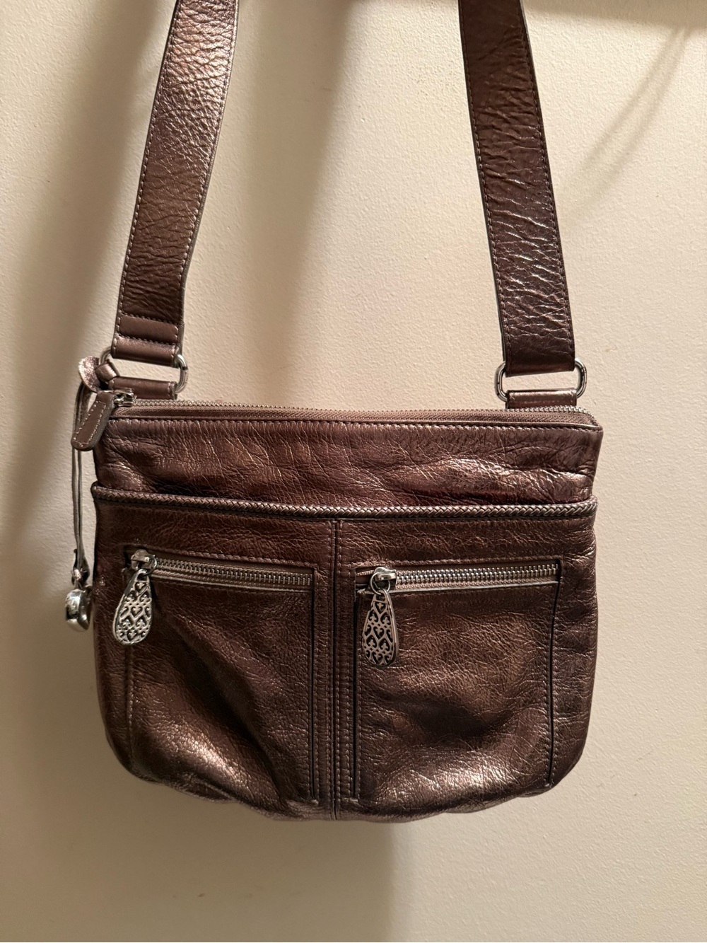 Brighton Zoe Bronze Leather Crossbody Bag Metallic Pocket Zip Shoulder EUC